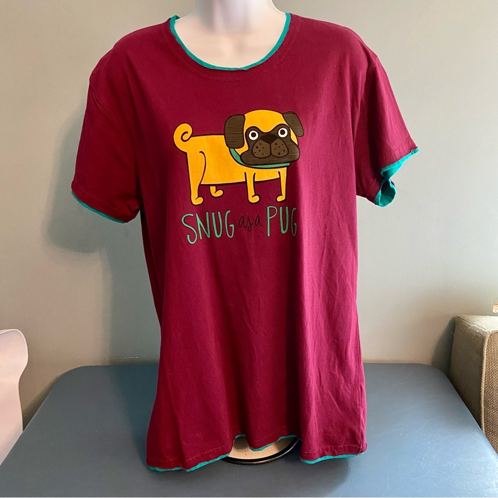 NWT Lazy One Snug as a Pug Dog Sleep Short Sleeve Shirt Purple Teal Size M